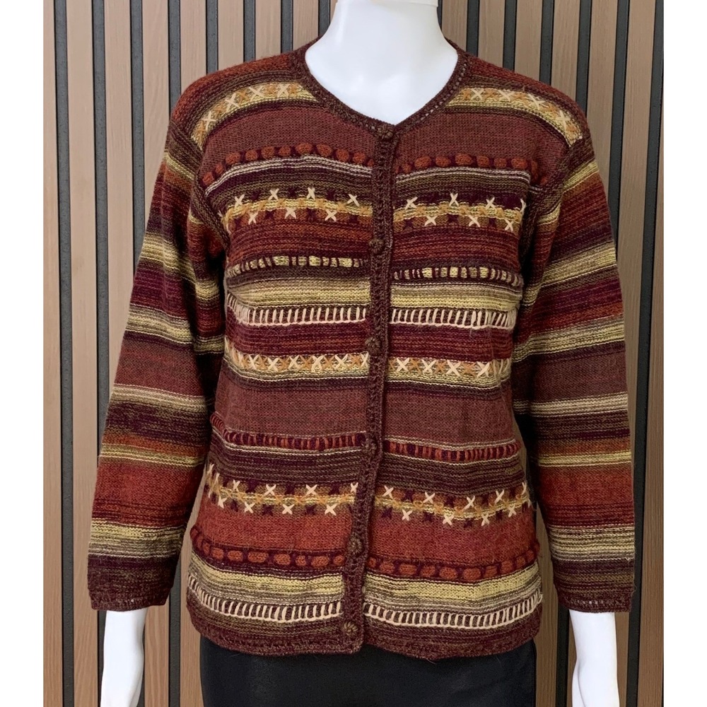 La Vicunita Baby Alpaca Striped Cardigan Sweater‎ Womens Small Peru Earth Tones